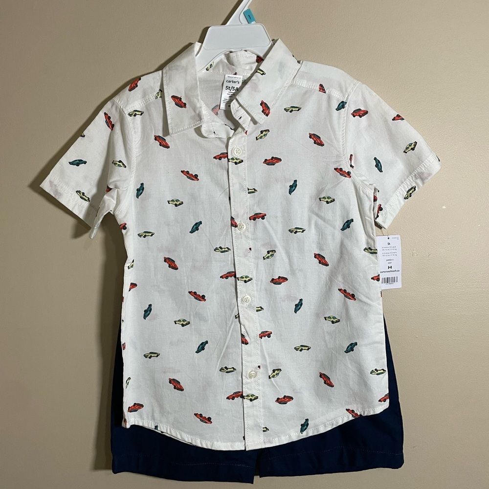 Carters - Boys Short-Sleeve Button-Up Shirt with Car Print & Shorts 2PC Set.